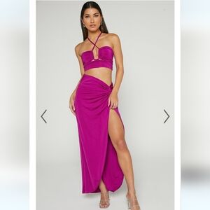 Showpo.FORREST TWO PIECE SET - HALTER NECK TOP AND TWIST MIDI SKIRT SET IN BERRY